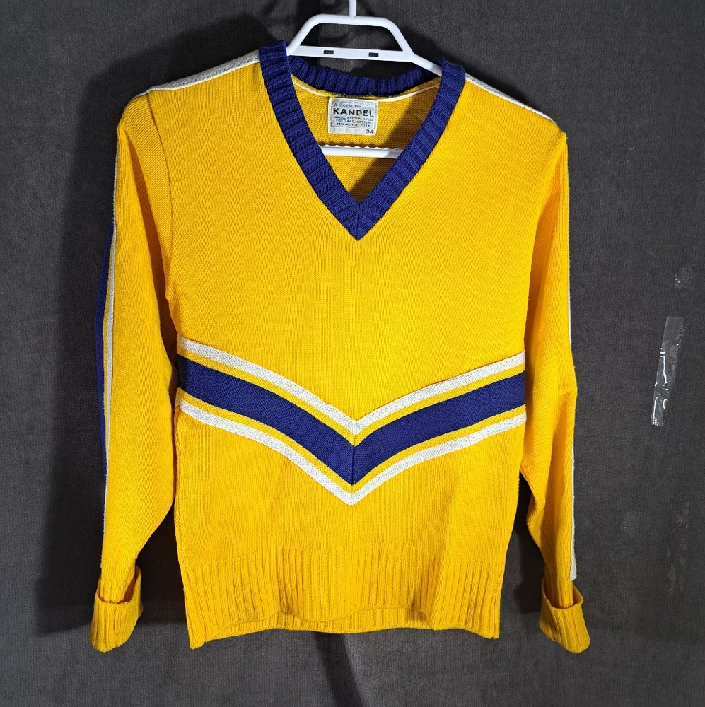 Vintage Kandel Acrylic Yellow Blue White Varsity Cheerleader V-Neck Sweater G 34